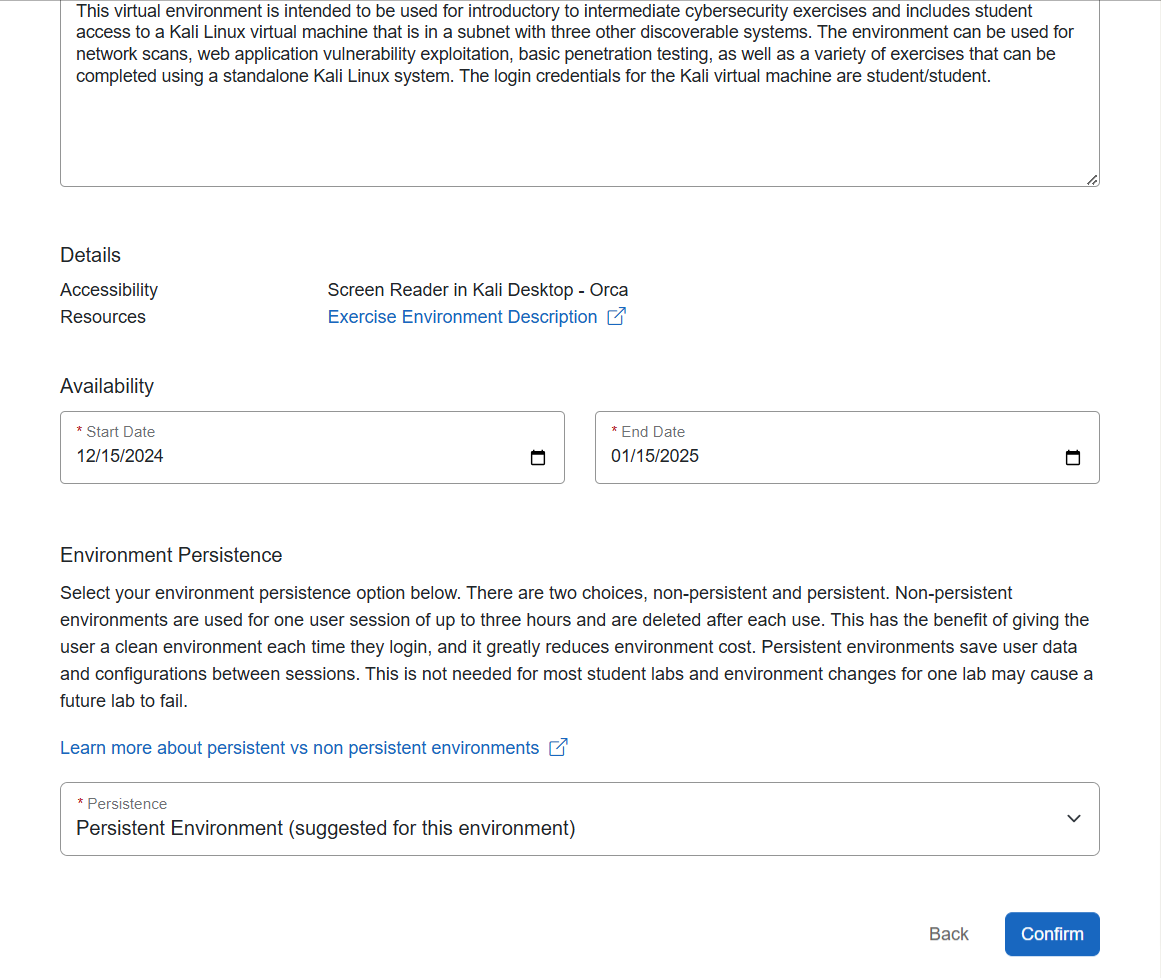 A "Create a New Exercise Environment" pop up is shown, listing in descending order, the chosen environment, name, description, the resources section, and availability showing the start date and end date.