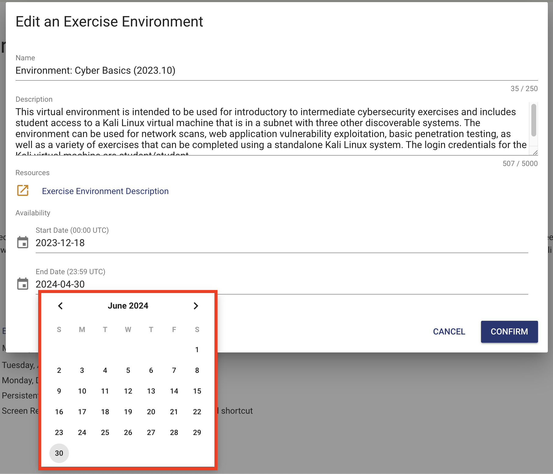 After selecting the start date or end date field, a calendar will display that allows you to pick dates.