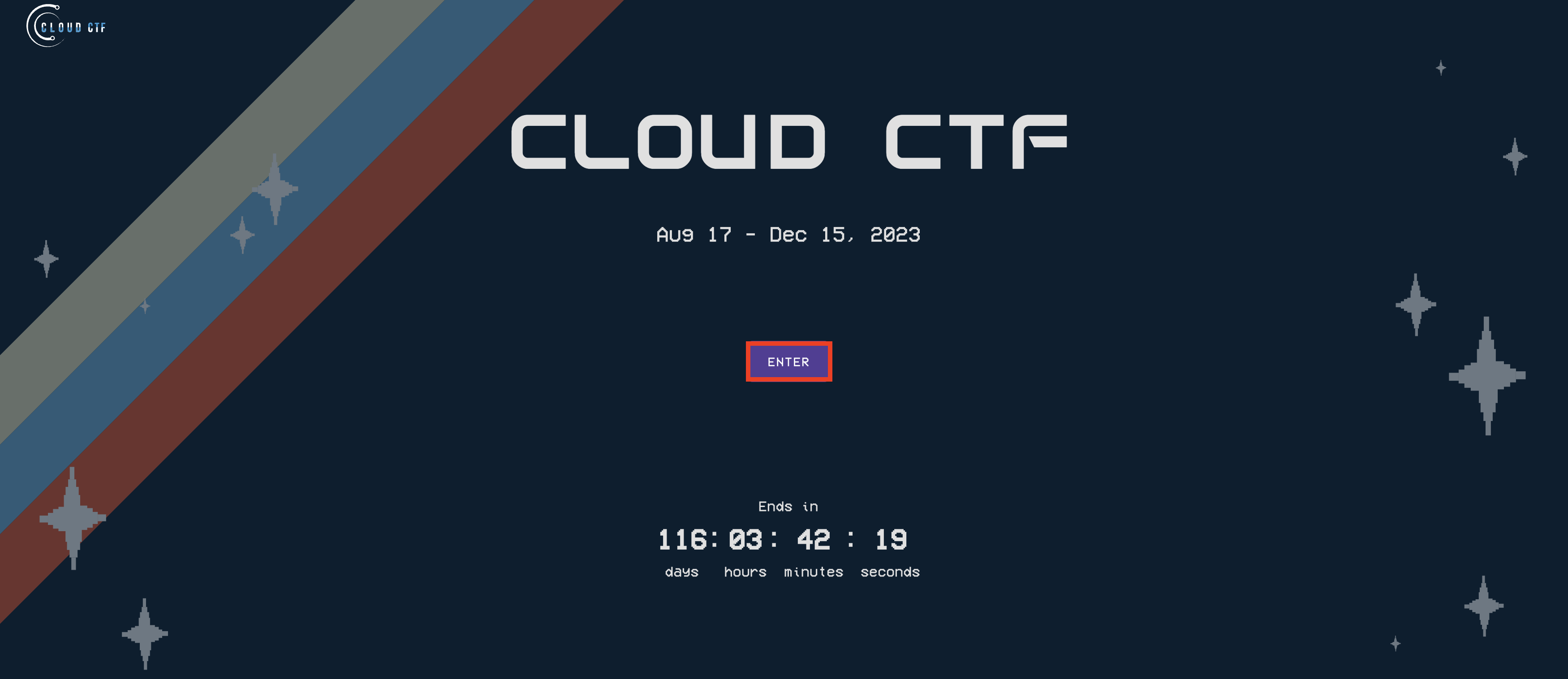 An example of the Cloud CTF start screen is shown. The "enter" button is located in the middle of the screen under the CTF's availability dates.
