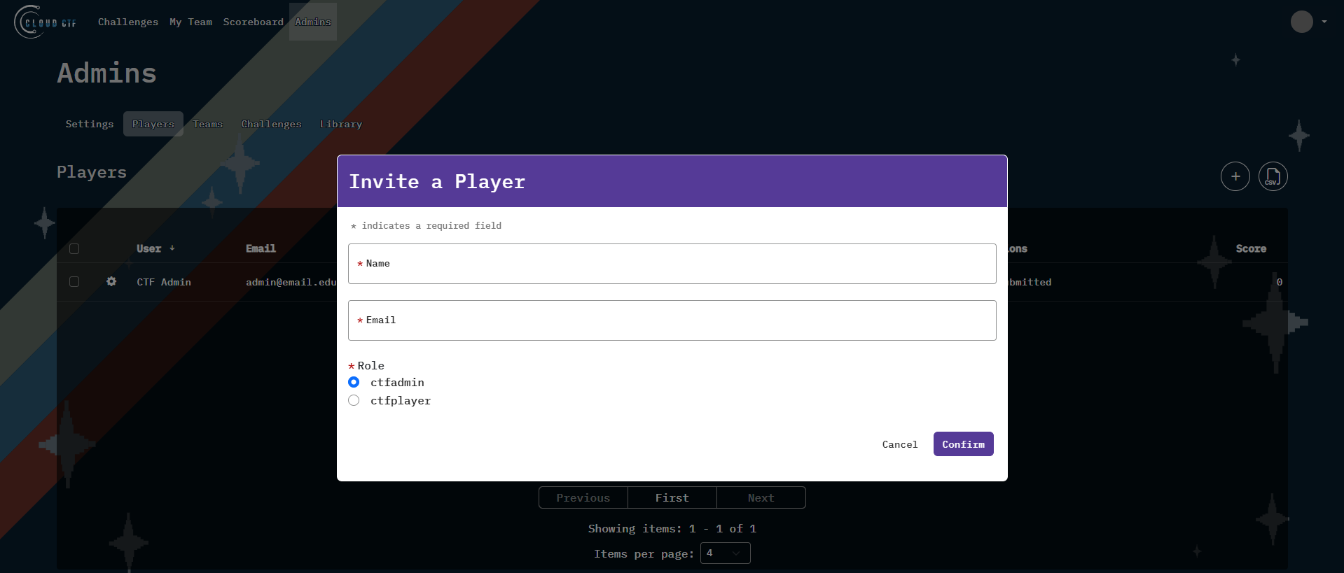 A pop-up menu option is shown, with a Name field and an Email field underneath. Underneath the Email field, there is also an option to choose what role you want the user to be.