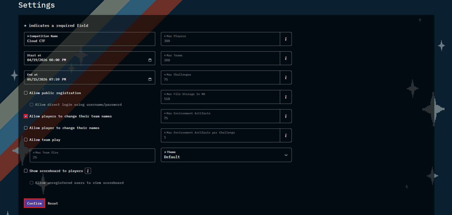 Navigate to the Admins page and click on the settings tab, which is to the left of the Players tab. Underneath the "Allow Public registration" option, check or uncheck "Allow players to change their team names".