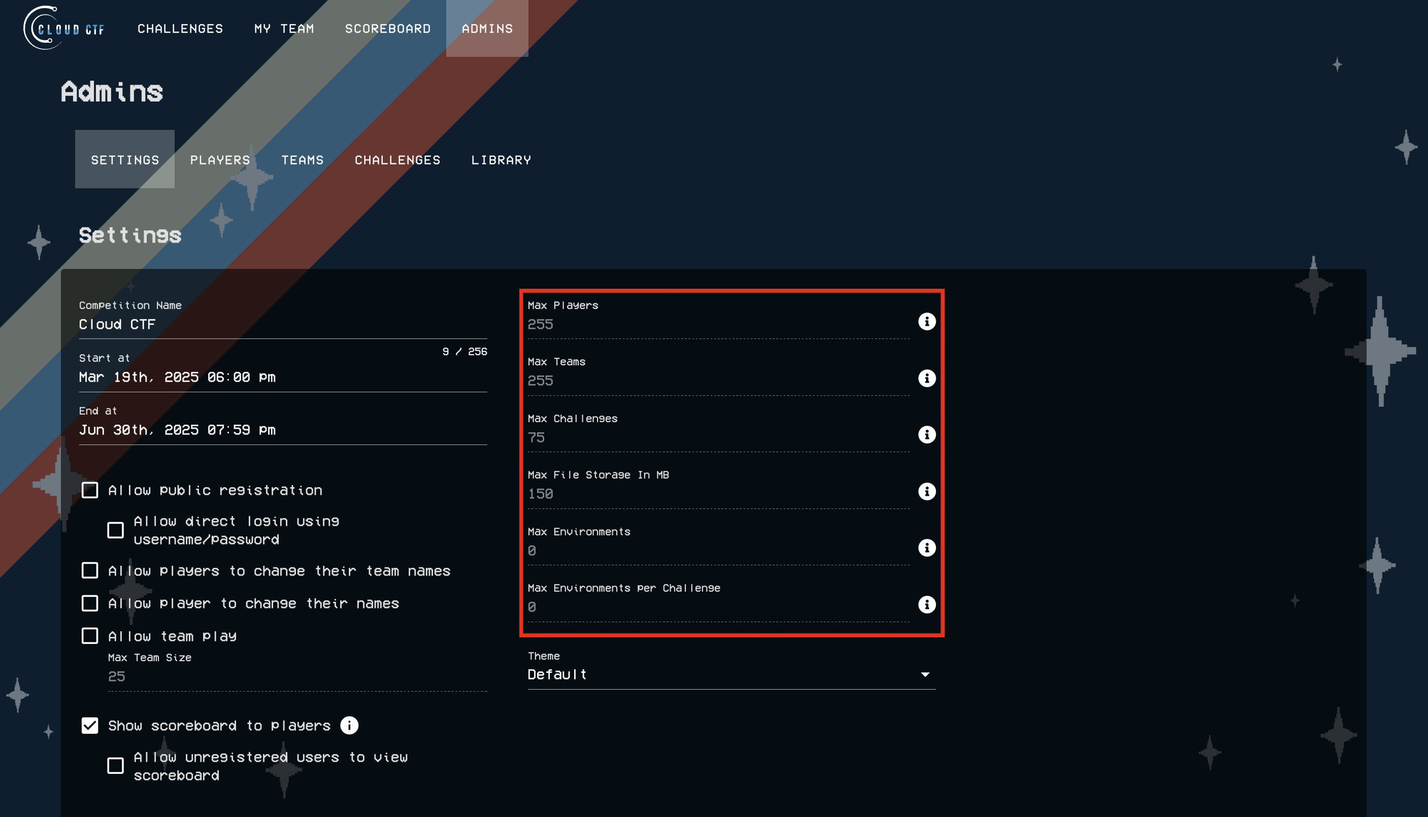 The CTF limits section will be located to the right of the Start and End dates in the admin settings.