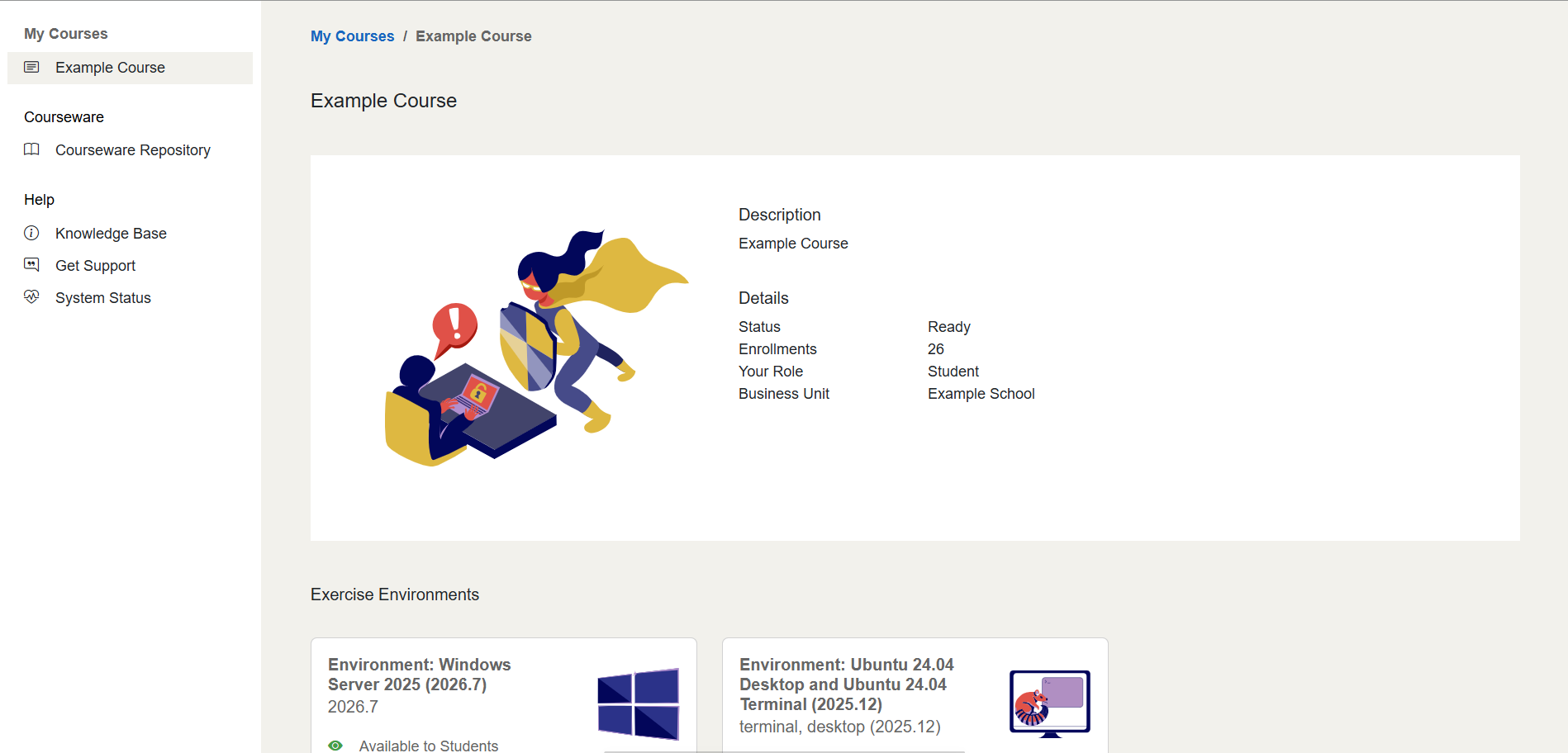 A course page is shown listing course details and the Exercise Environments header.