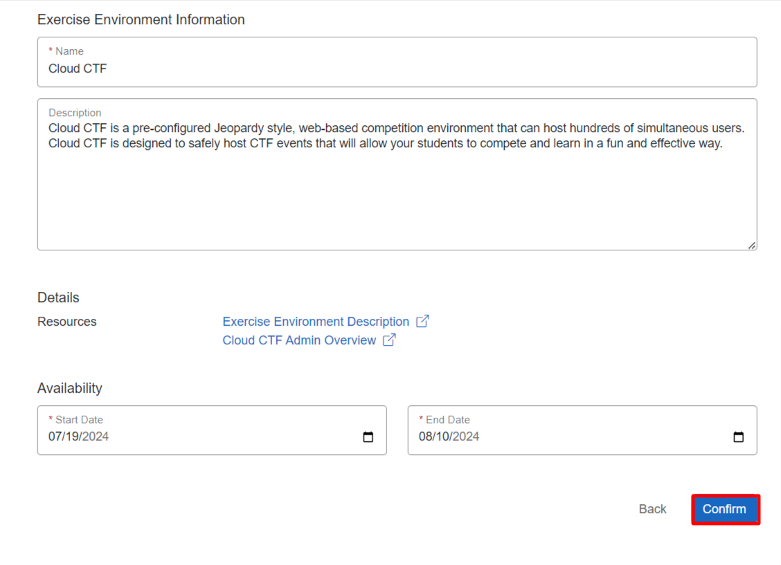 A window is shown with sections titled name, description, and availability. The confirm icon is located in the bottom-right of the window.