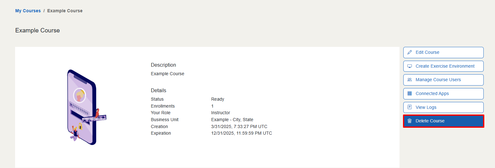 The "Delete course" button is located in the top right below the View Logs button.