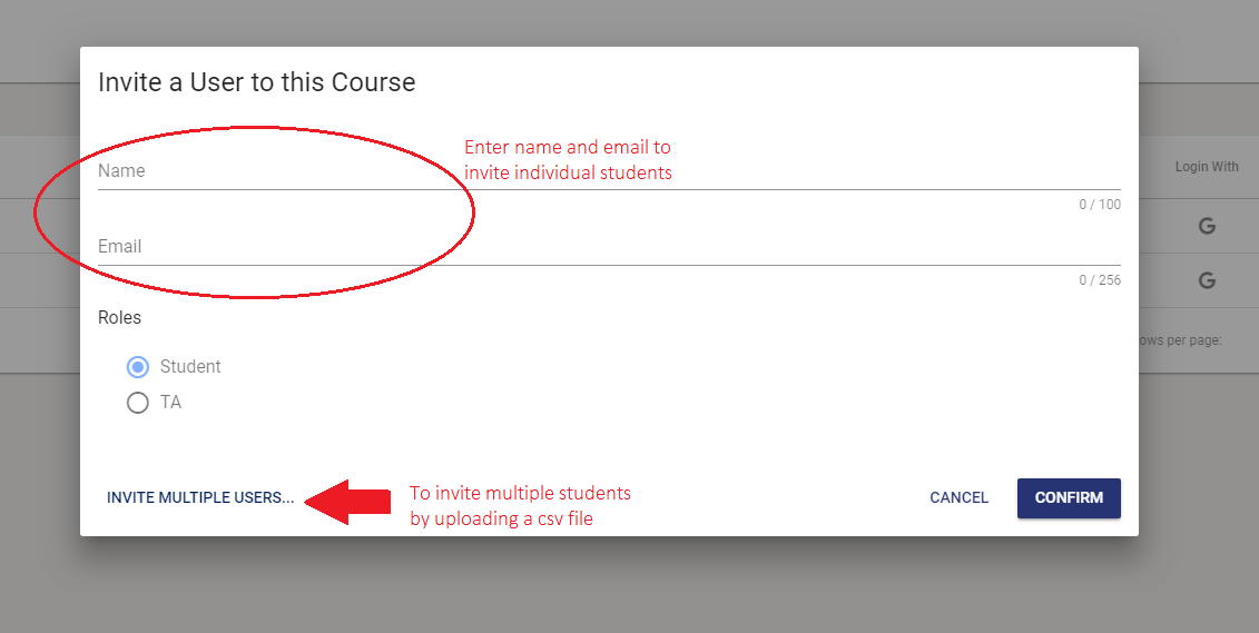 Invite a User form. A name and email can be provided to invite individual users. The role of student or TA should be selected in the Roles section.