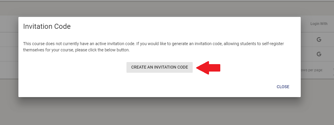 Create an invitation code is in the middle of the screen and close is in the bottom right.