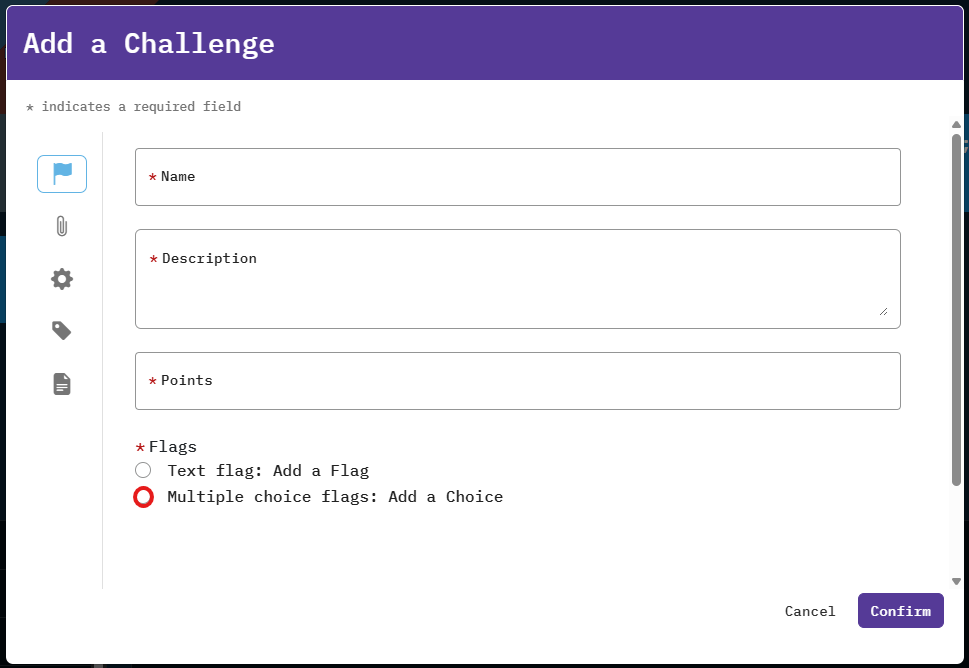 The "Multiple choice flags: Add a Choice" button is located below the "Text flag: Add a flag" button towards the bottom of the form.