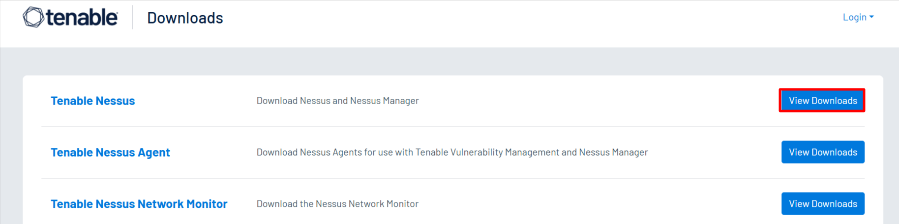 The "View Downloads" button is beside Tenable Nessus.