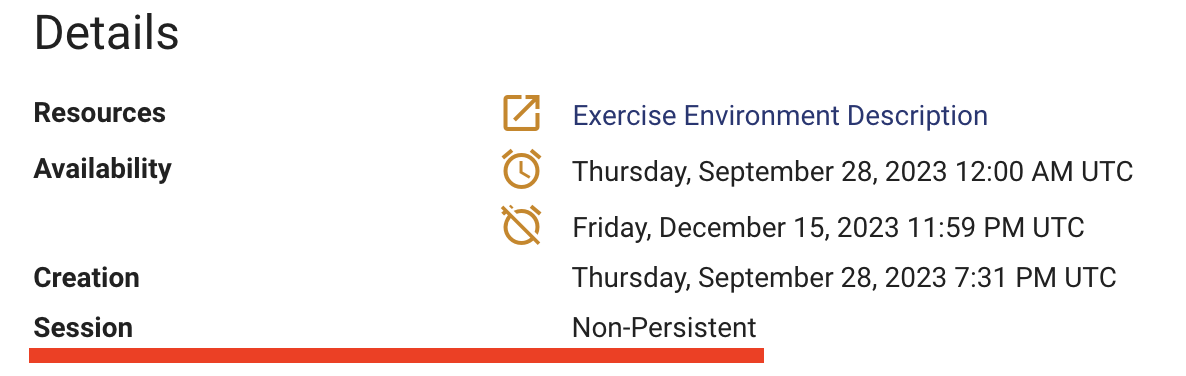 The Details section of an exercise environment is shown listing in descending order: Availability, Creation, and the Session type which is currently Non-Persistent.