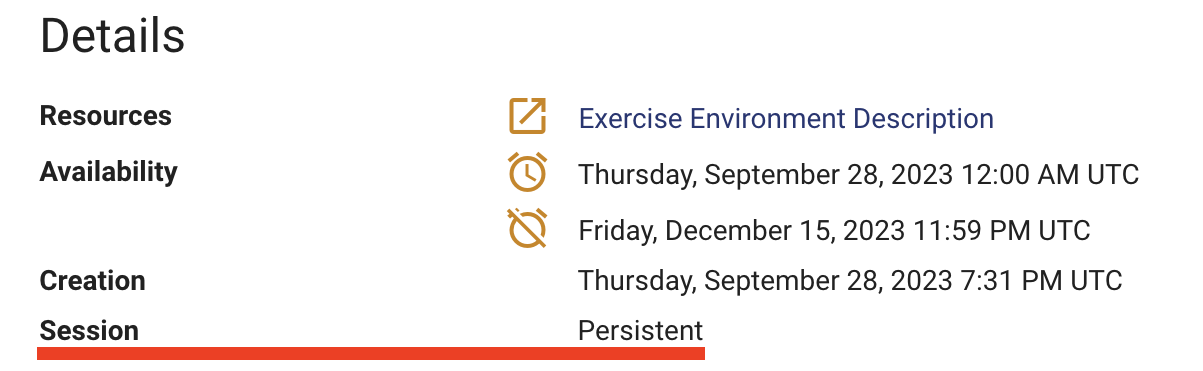 The Details section of an exercise environment is shown listing in descending order: Availability, Creation, and the Session type which is currently Persistent.