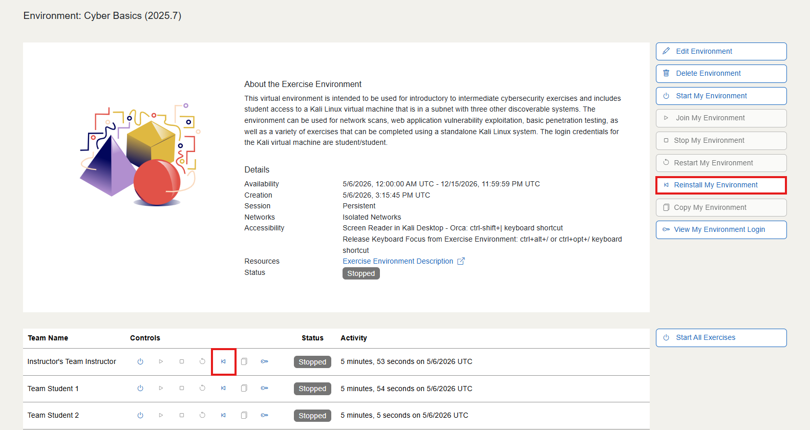 The "Reinstall" button is located below the environment details to the right of the "Restart" button. There is also a "Reinstall My Environment" button located on the right hand side underneath the "Restart My Environment" button.