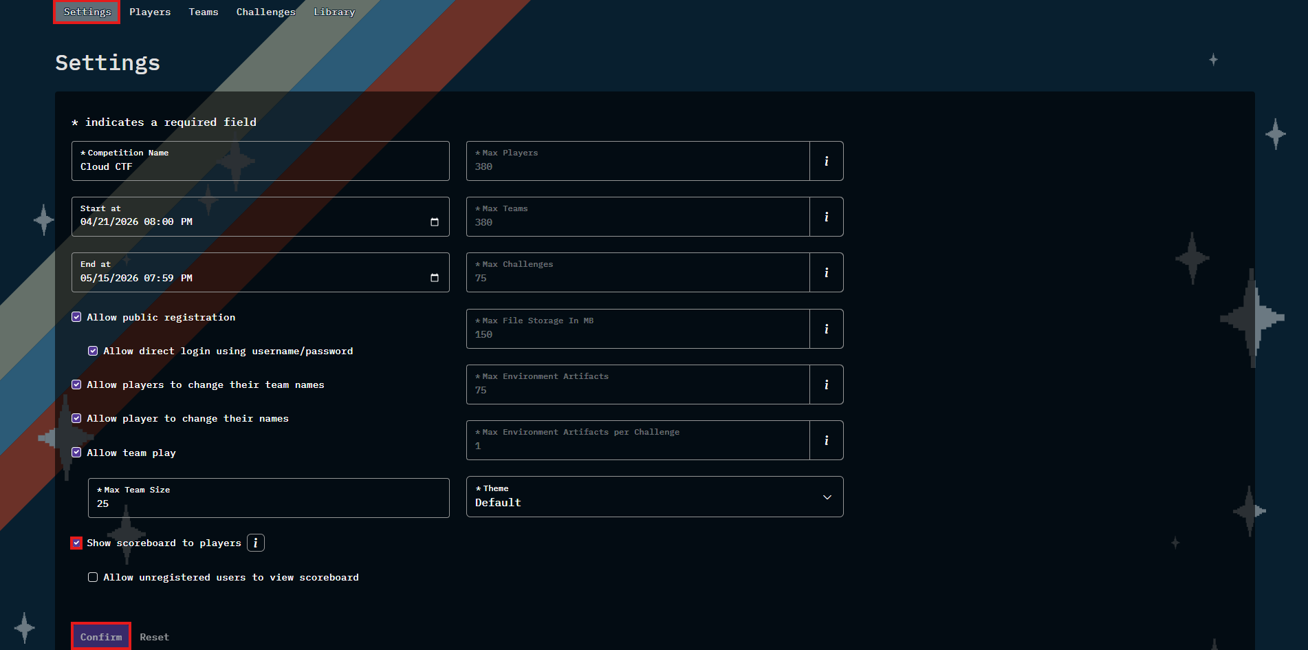 The "Show scoreboard to players" option is located under the date and time section, and right above the theme section.