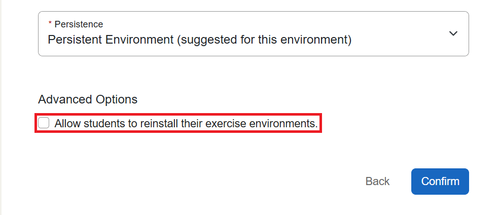 The student reinstall checkbox is located toward the bottom of an exercise environments edit page.