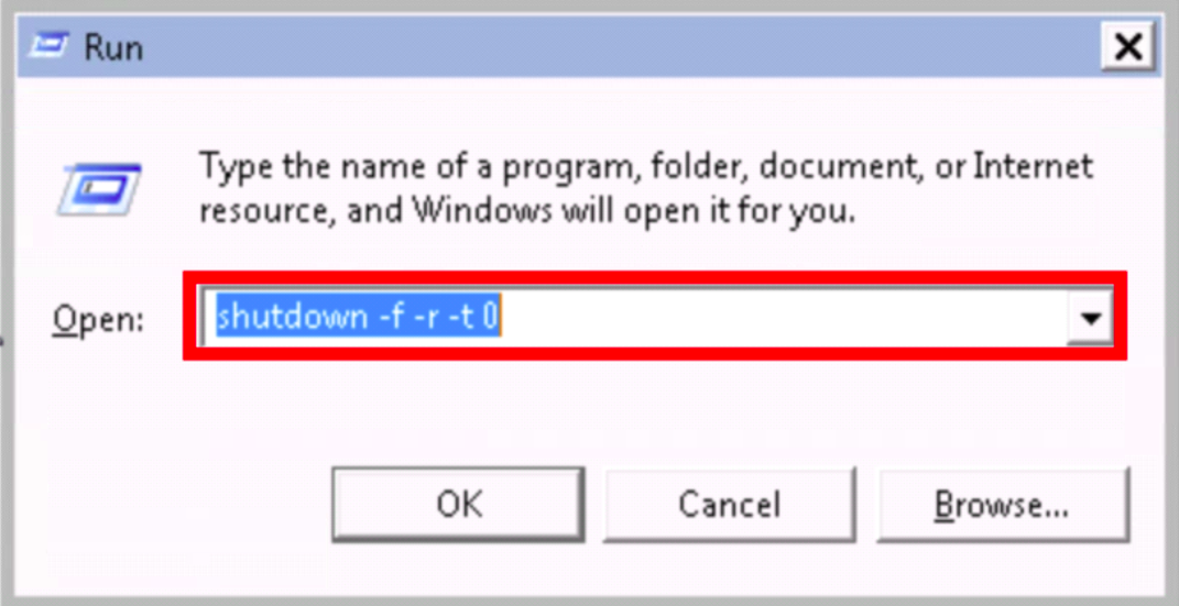The windows Run prompt is shown, with the **shutdown -f -r -t 0** commands highlighted. Below are the OK, cancel, and browse buttons.