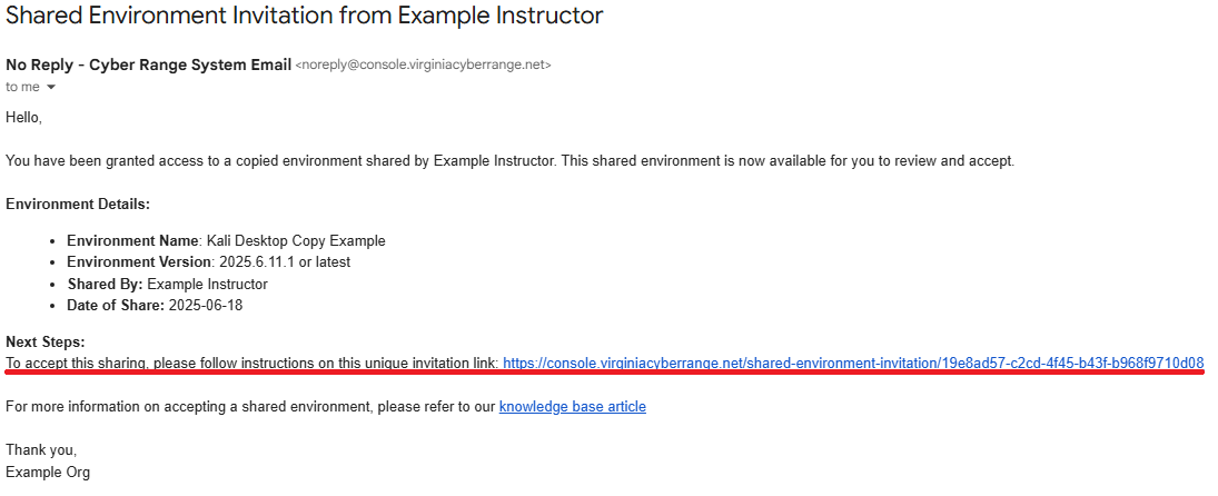 In the received email, the invitation link is in a section titled Next Steps.
