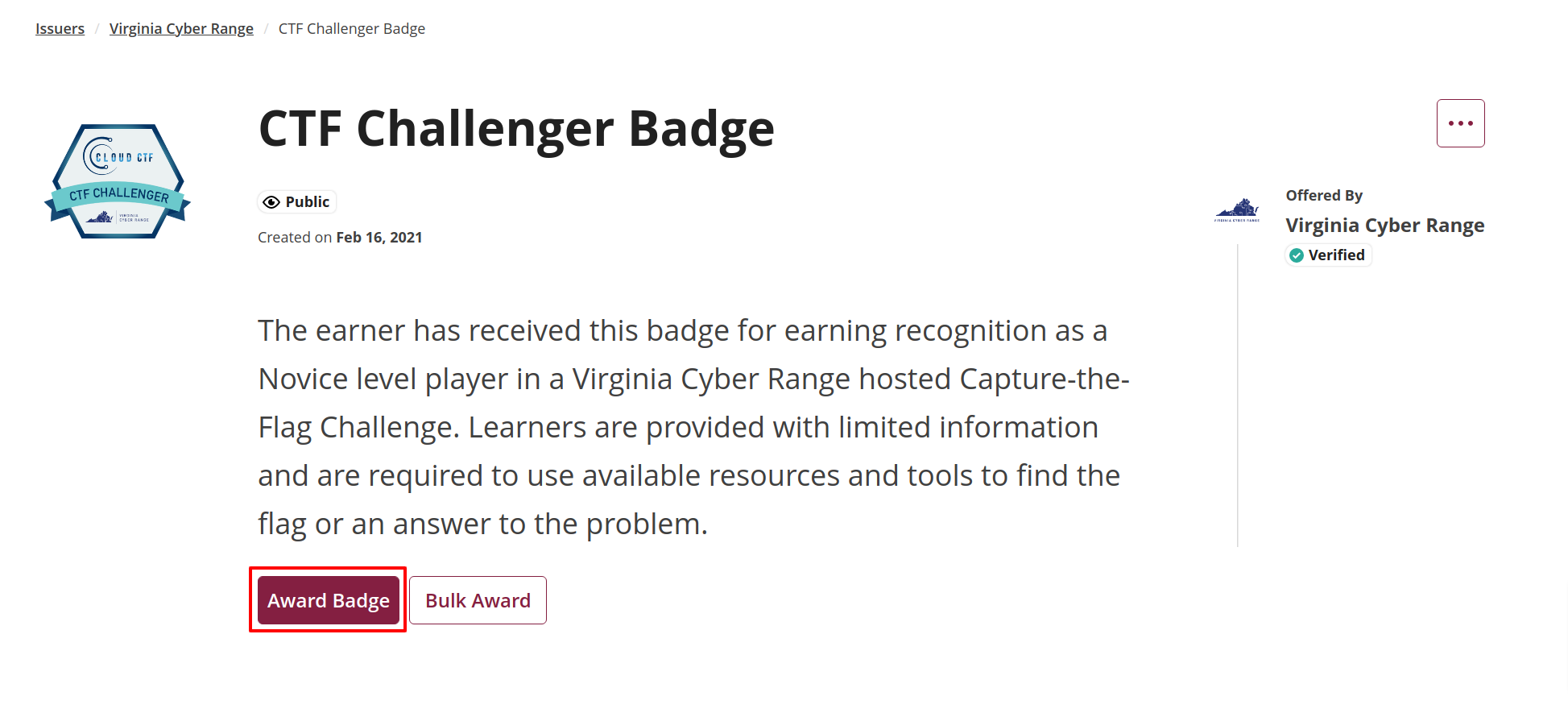 The Award Badge button is found below the description of the badge.