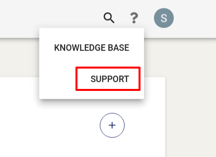 The Support option is found in the dropdown menu right under the question mark button, as the second option.