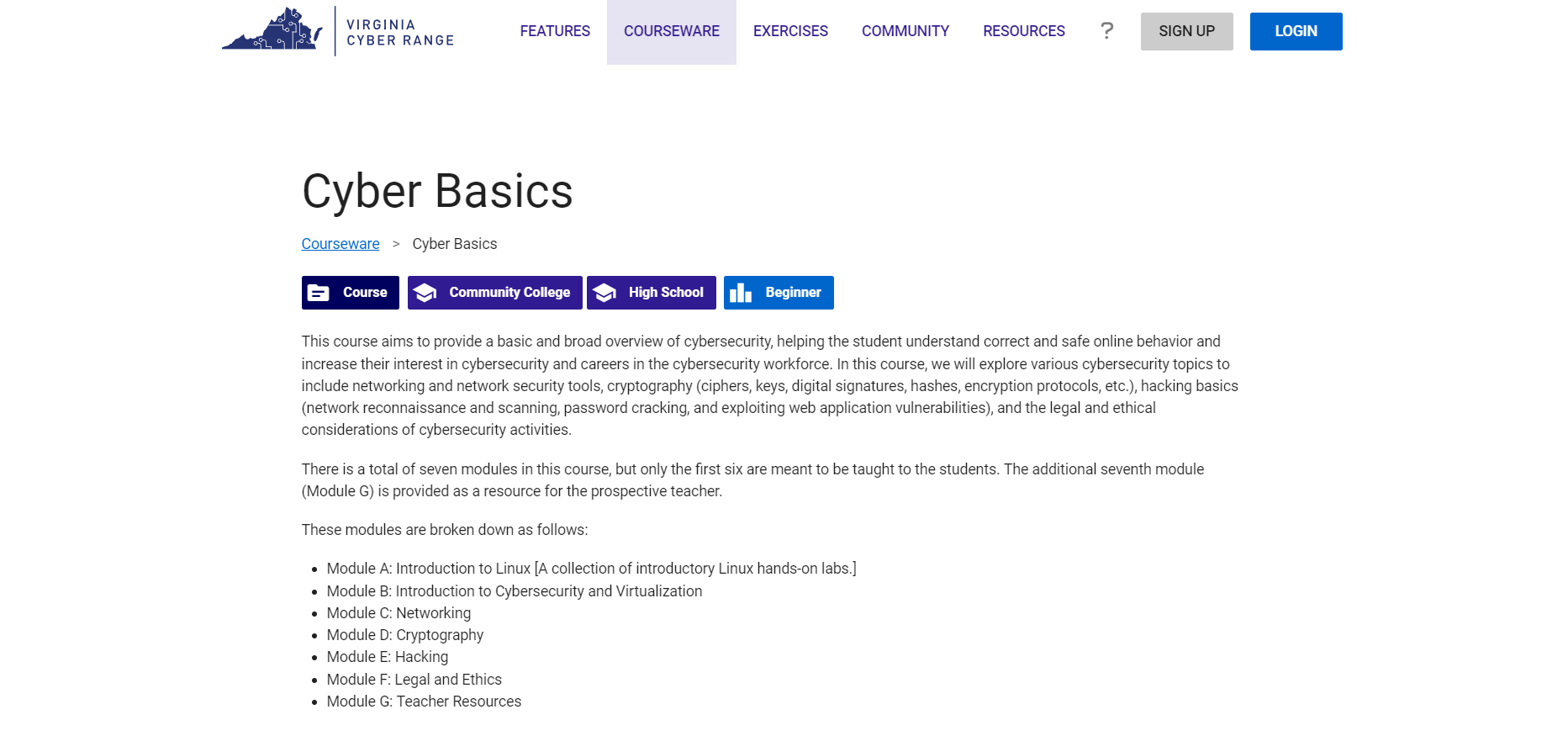 The Cyber Basics course page is shown listing its description, modules, and learning objectives.