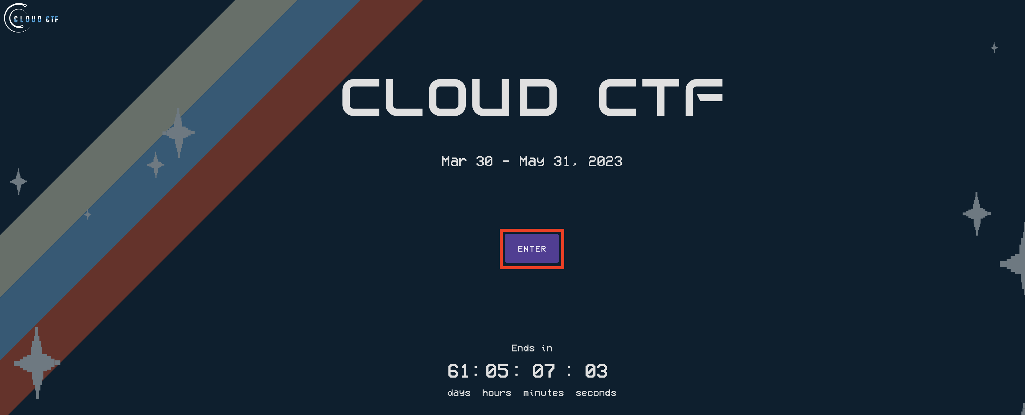 The CloudCTF start page contains the title for CloudCTF, the current date and time, a start button for starting or joining the competition, and the remaining time until the CTF concludes.