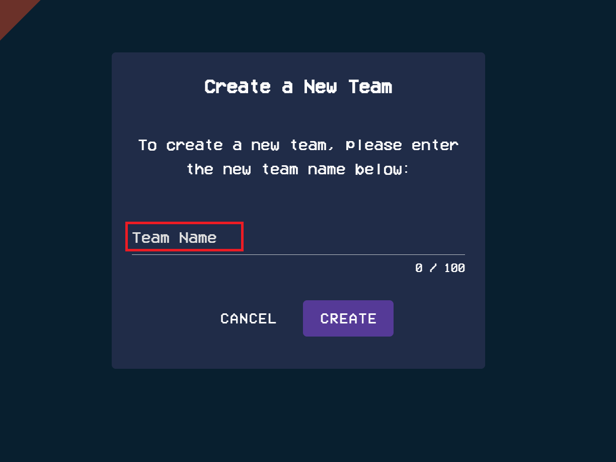 To create a team, please type in your team name and click on the create button.