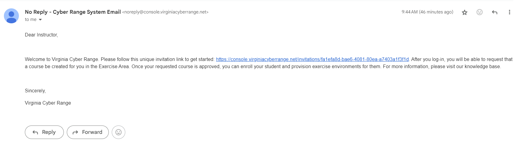 Your invitation will be sent from noreply@console.virginiacyberrange.net.