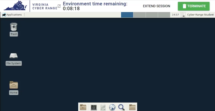 In the exercise environment, the environment time remaining is shown at the top as eight minutes, with an extend session button to the right and a terminate button to its right.