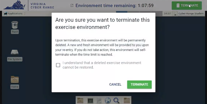 A dialog box is shown that asks if you want to terminate the exercise environment. A confirmation checkbox is under the text. The "CANCEL" button is in the bottom right with the "TERMINATE" button to its right.
