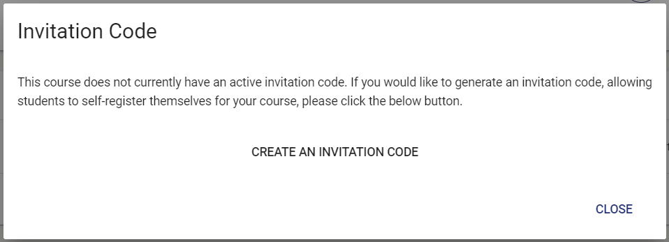 In the middle of the "Invitation Code" window, there is a "create an invitation code" button and a "close" button located underneath in the right corner.