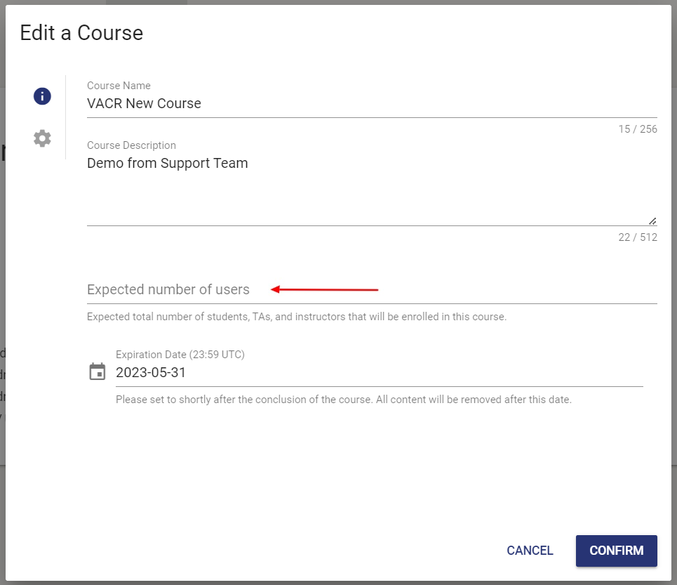 Expected Number of Users is the field after Course Description.